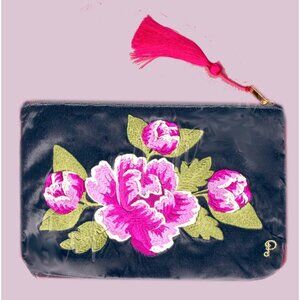 Powder designs Embroidered Peony charcoal Velvet Zip Pouch / Clutch